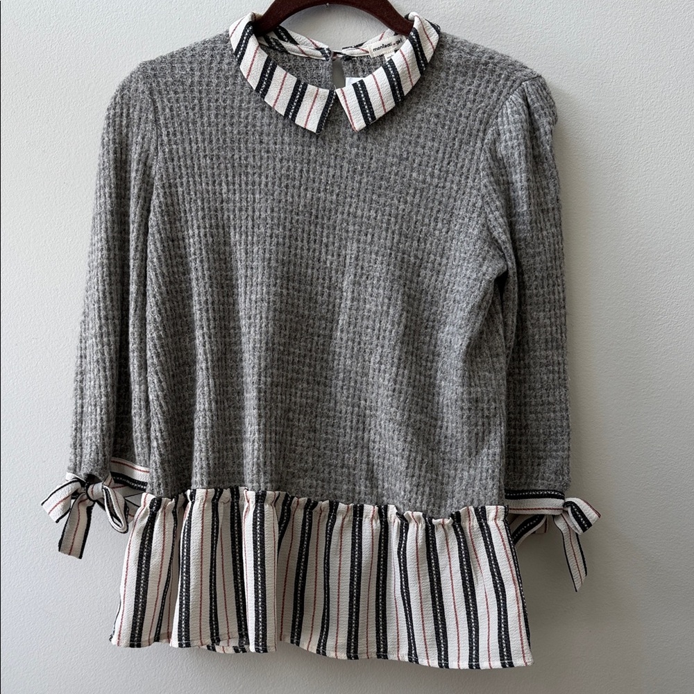 Monteau Kids Gray Textured Sweater Blouse with Striped Accents Collar Ruffle